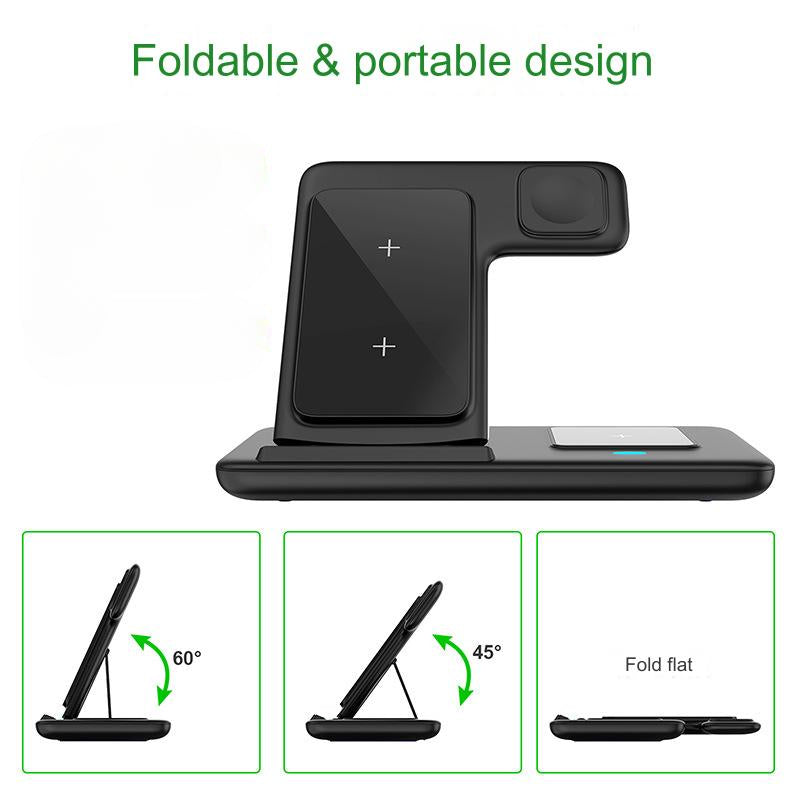 شاحن سريع لاسلكي 3 في 1 فائق السرعة بقدرة 15 وات ويدعم الموبايلات وساعة ابل ومتوافق مع ايفون وسامسونج وشاومي وهواوي واوبو وسماعات رأس تي دبليو اس اسود