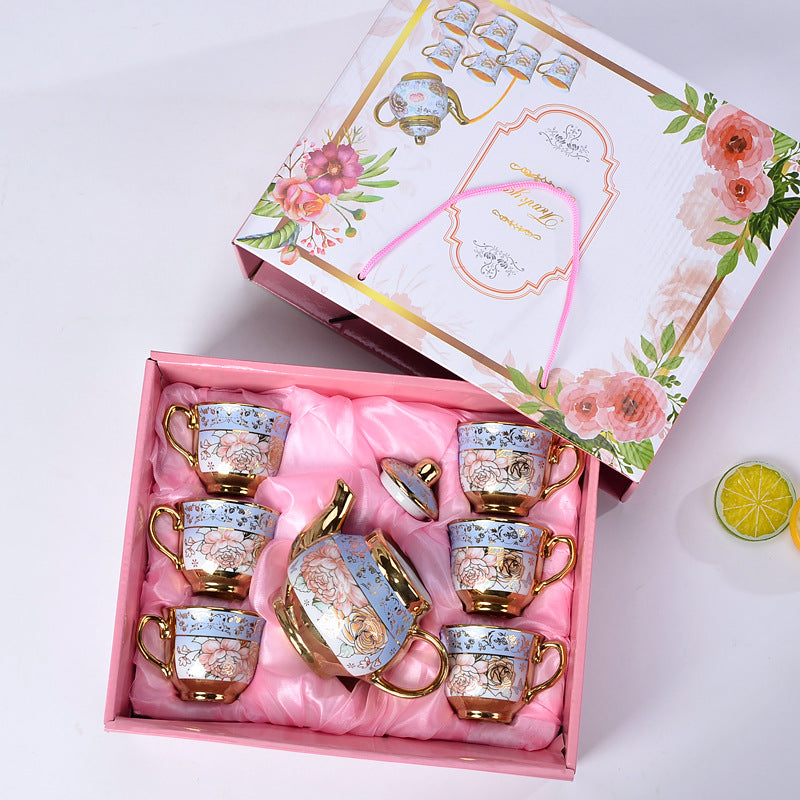 طقم شاي من السيراميك على الطراز الأوروبي من أبريق و 6 أكواب مع علبة هدية