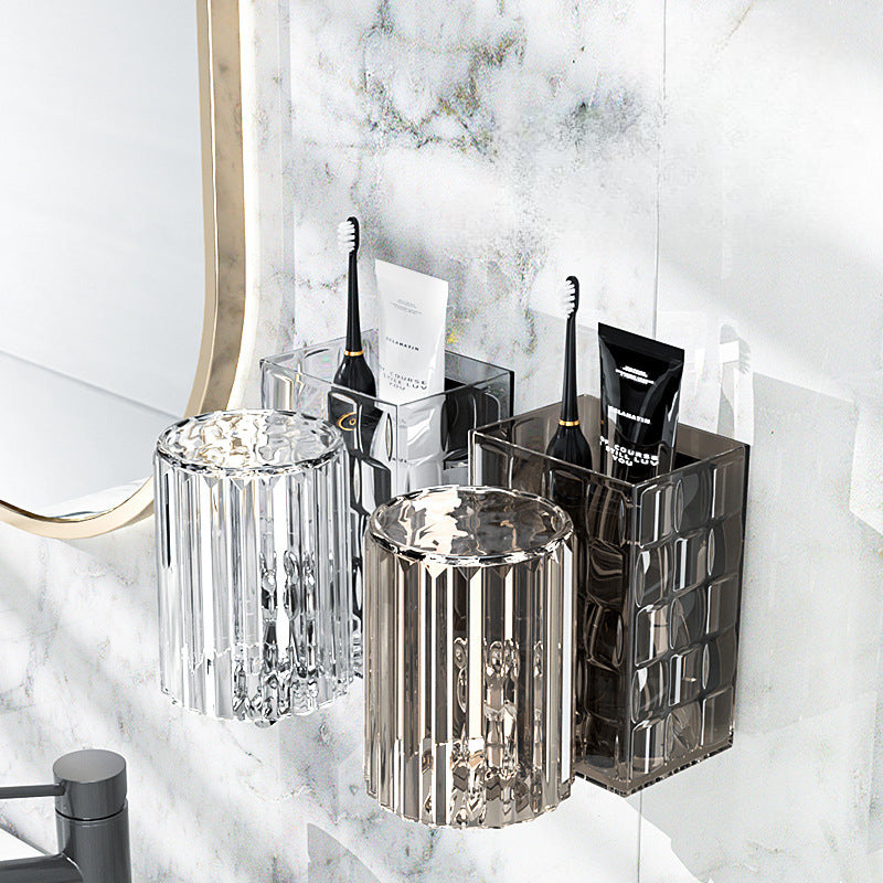 حامل فرشاة أسنان مثبت على الحائط، مجموعة حامل فرشاة أسنان شفاف، حامل فرشاة أسنان مثبت على الحائط بدون ثقب وحامل كوب شطف، حامل فرشاة أسنان وحامل معجون أسنان وحامل كوب منظم للحمام
