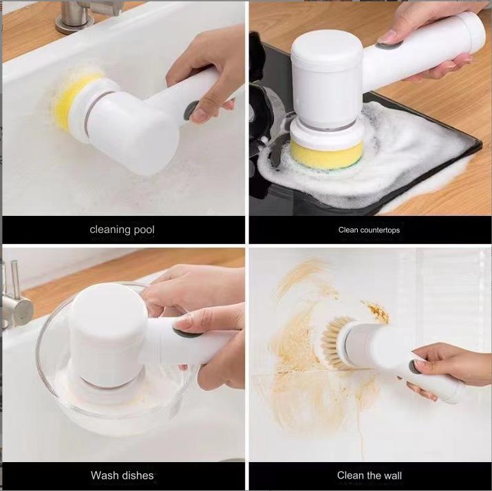 فرشاة تنظيف دوارة كهربائية قابلة لإعادة الشحن بمنفذ USB مع 3 رؤوس فرشاة للمطبخ والحمام.