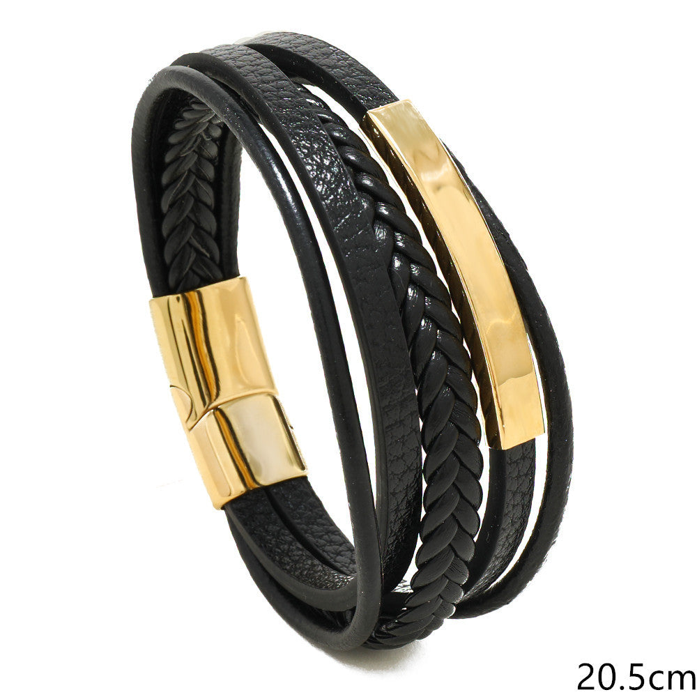 سوار جلد مضفر للرجال أساور تيتانيوم من الفولاذ المقاوم للصدأ للرجال - جلد طبيعي - أساور عريضة بمشبك مغناطيسي