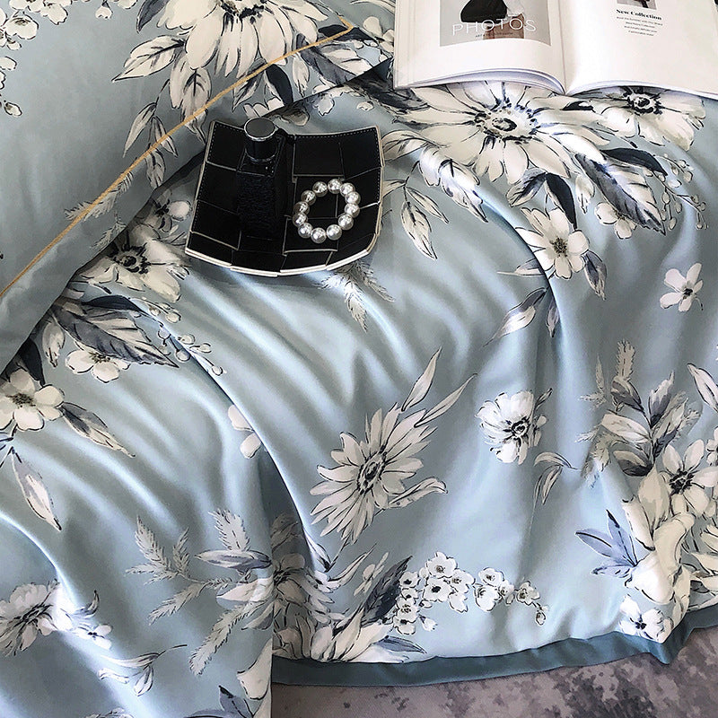 طقم لحاف كينج سايز من 4 قطع 200*230 بنقشة أوراق متدرجة الألوان ، طقم لحاف مبطن خفيف مناسب لجميع المواسم، مع ملاءة مسطحة مع كسوة 2 خدادية