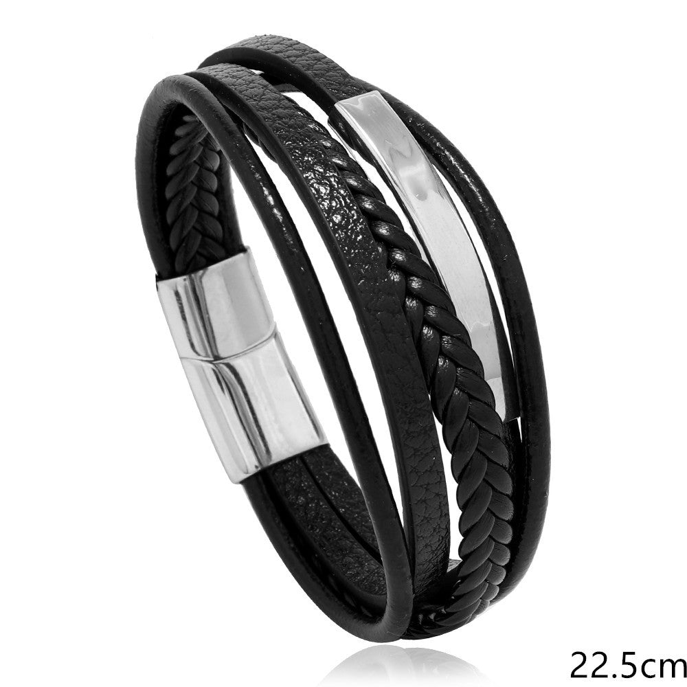 سوار جلد مضفر للرجال أساور تيتانيوم من الفولاذ المقاوم للصدأ للرجال - جلد طبيعي - أساور عريضة بمشبك مغناطيسي