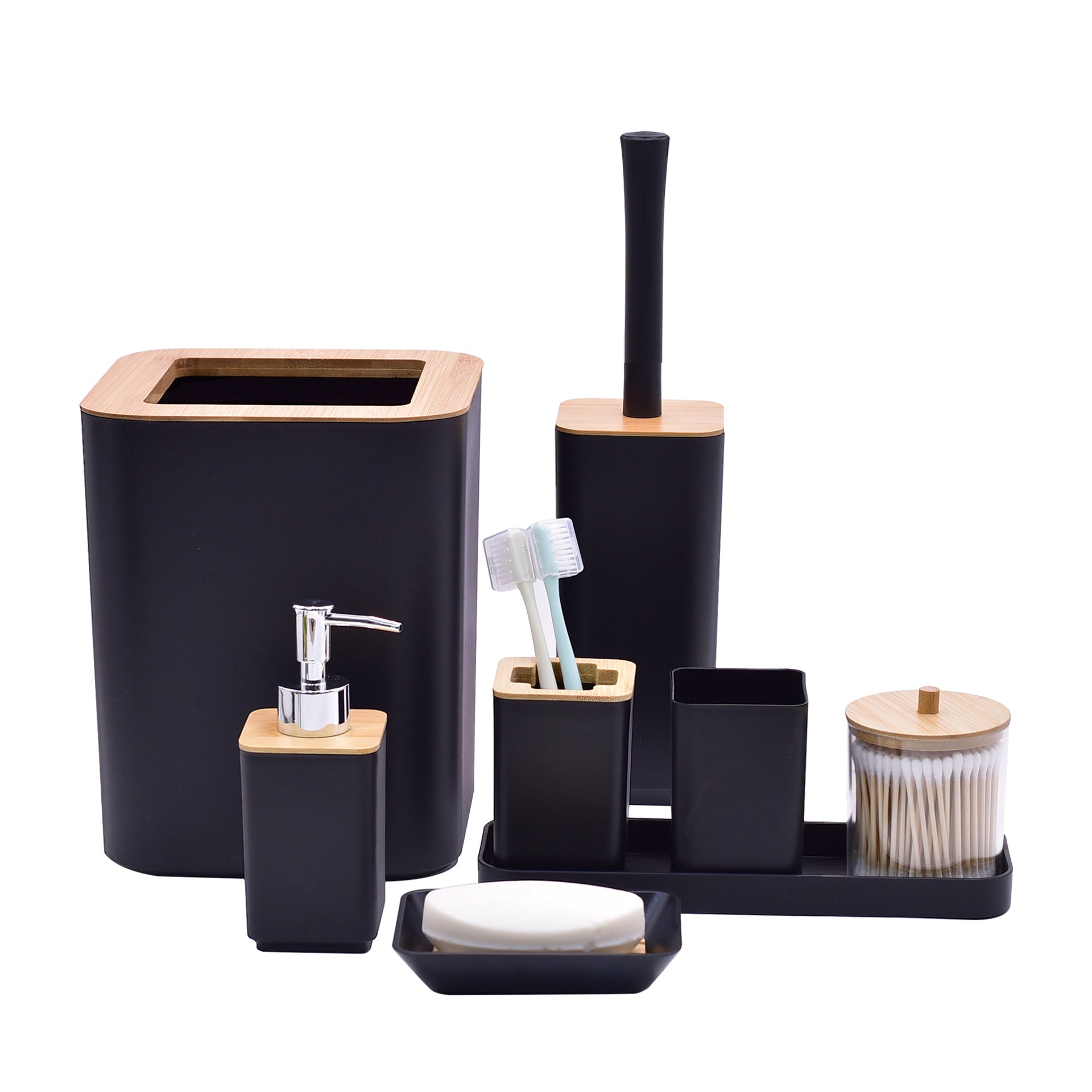 طقم إكسسوارات حمام من 8 قطع، مع سلة مهملات، وفرشاة مرحاض، وحامل فرشاة أسنان، وموزع لوشن، وطبق صابون، وكوب غسول فم، وحامل أعواد قطنية. (اللون: أسود)