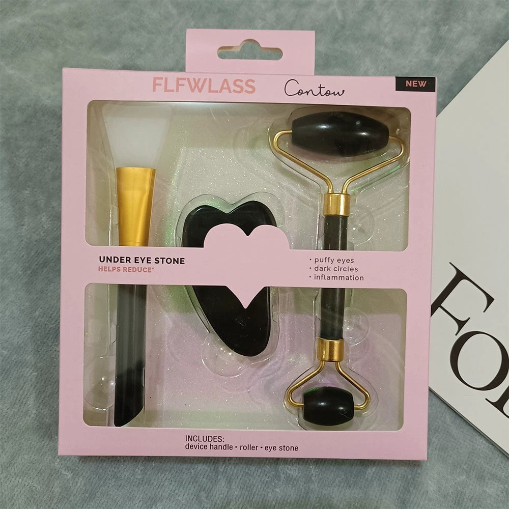 مجموعة بكرة Jade Roller في عبوات حصرية ، أدوات العناية بالبشرة المضادة للشيخوخة، أسطوانة تدليك للوجه والعينين والرقبة والجسم ، 100٪ حجر اليشم الطبيعي + فرشة قناع الوجه