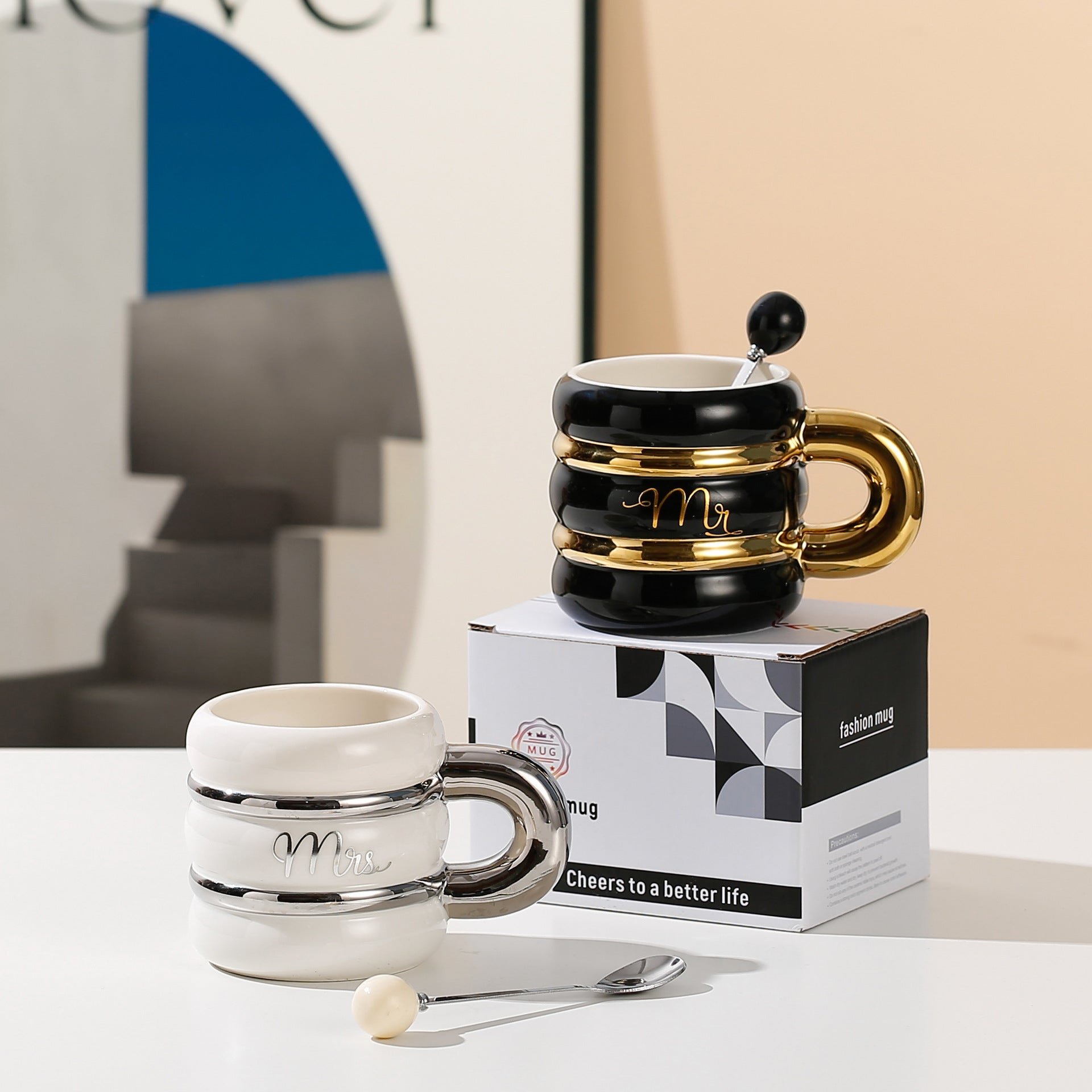 مج من السيراميك على الطراز الأوروبى Mr , Mrs ، مج شاي مطلي بالون الذهبى ، 400 ملى