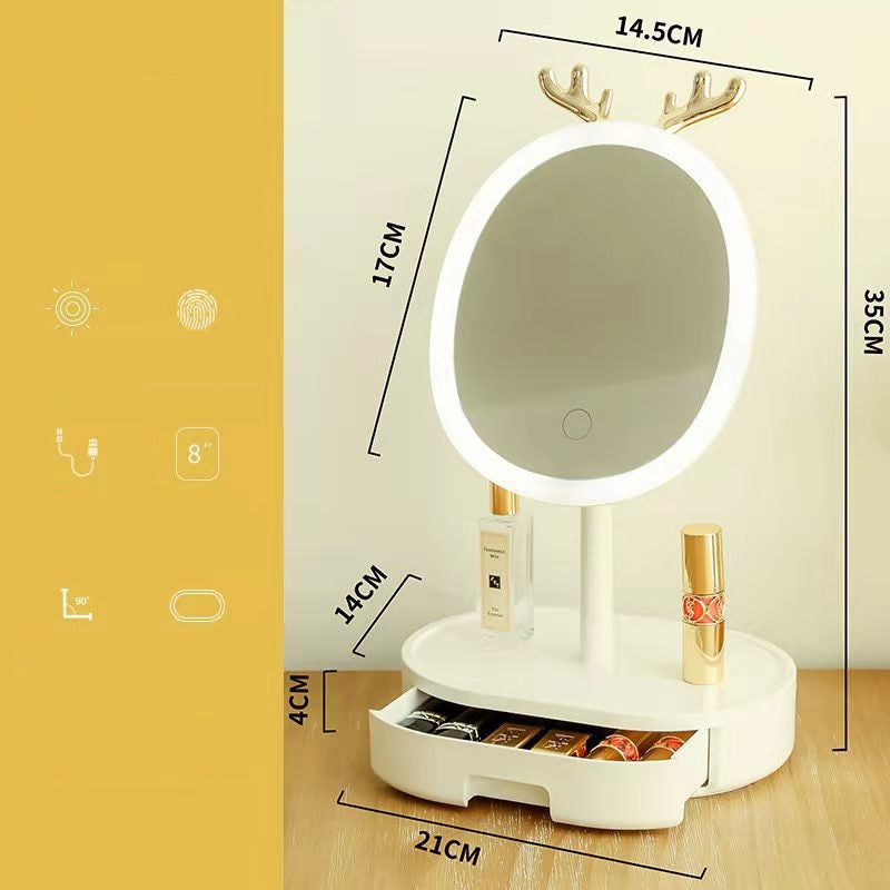 مرآة مكياج محمولة مزينة بقرون غزال بإضاءة LED مع درج