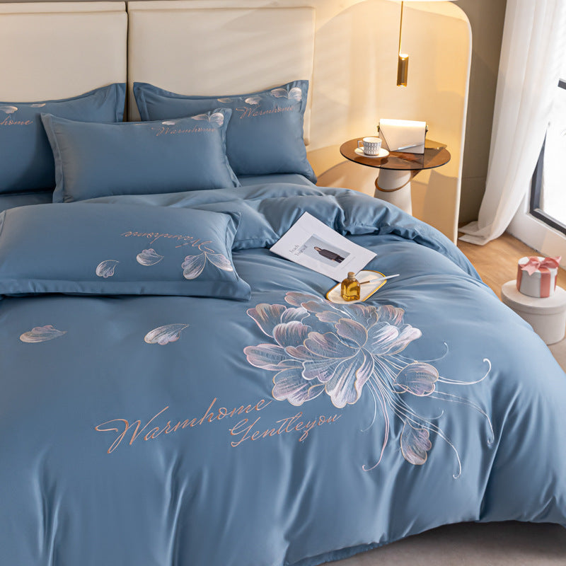 طقم سرير فاخر ، قطن ملمس حرير ، طقم سرير حريرى مطبوع، غطاء لحاف حريرى ناعم مطبوع، ملاءة سادة، 2 وسادة  ، (200 × 230 سم)