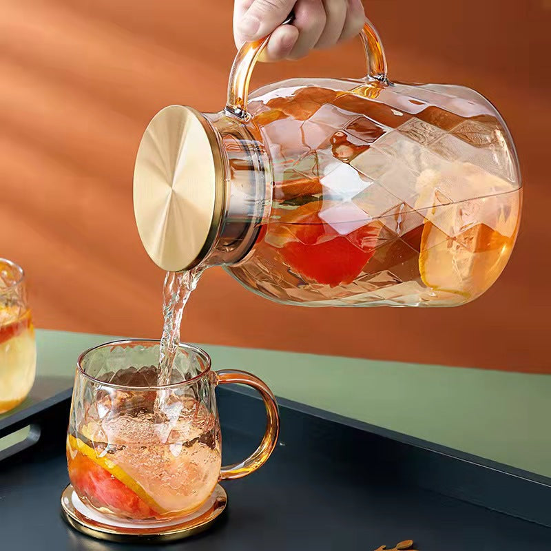 إبريق زجاجي ذو ملمس ألماسي فاخر سعة 1800 مل مع (أربعة أكواب وصينية وحامل أكواب)