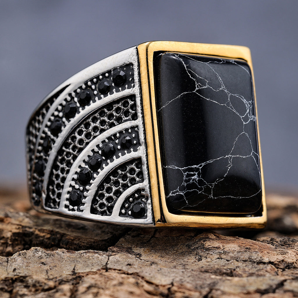 خاتم كلاسيكى بتصميم إيطالى من الستانلس ستيل المقاوم للصدأ، خاتم رجالي مطعم بالعقيق الأسود الفيروزي الطبيعي