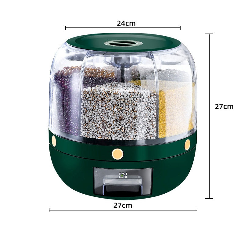 علبة دوارة لحفظ و تخزين و توزيع الأرز و الحبوب تعمل بنقرة واحدة لأخراج الأرز و الحبوب و الوجبات الخفيفة و حبوب القهوة، مكونة من 6 أقسام
