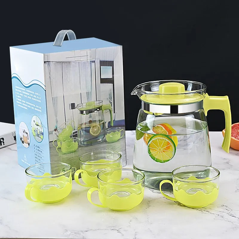 طقم إبريق زجاجي مستدير شفاف مكون من 5 قطع إبريق سعة 2 لتر مع 4 أكواب