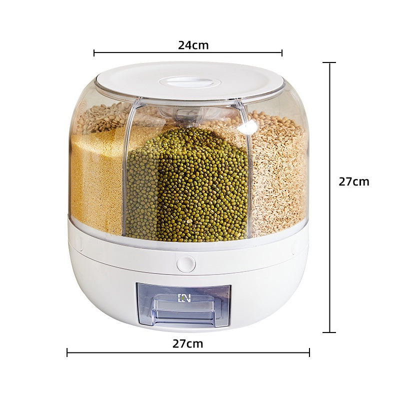 علبة دوارة لحفظ و تخزين و توزيع الأرز و الحبوب تعمل بنقرة واحدة لأخراج الأرز و الحبوب و الوجبات الخفيفة و حبوب القهوة، مكونة من 6 أقسام