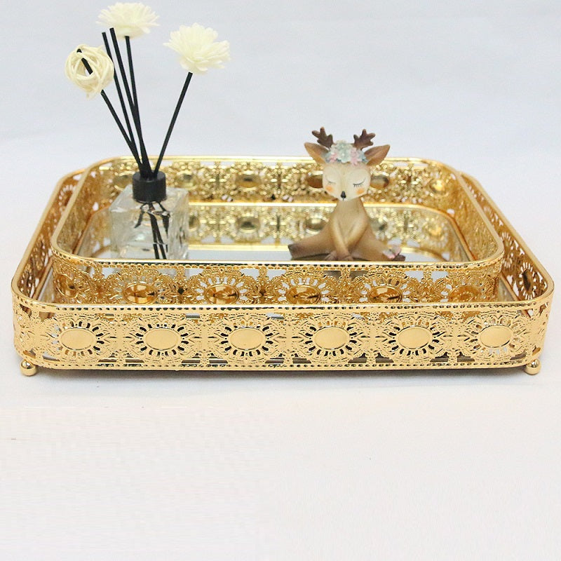 طقم صينية زجاجية معدنية فاخرة مكونة من قطعتين لتخزين الفاكهة باللون الذهبي