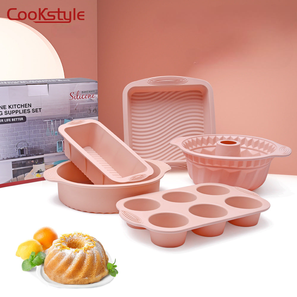 مجموعة قوالب من  Cookstyle  تتكون من 5 قطع من قوالب الخبز ،صوانى من السيليكون عالى الجودة الآمن صحيا 100% غير لاصقة للخبز ، يتكون من 5 قطع ،صينية كعك 6 أكواب ، 4 صوانى بتصميمات وأشكال مختلفة