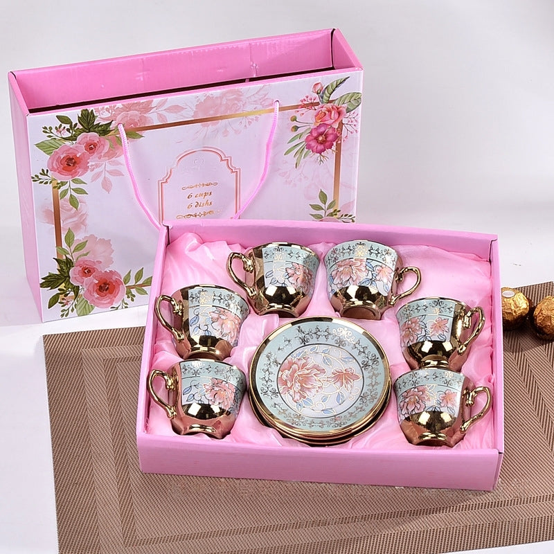  طقم فناجين قهوة وأطباق من البورسلين الفاخر عالى الجودة مطلى بالذهب، مع صندوق هدايا