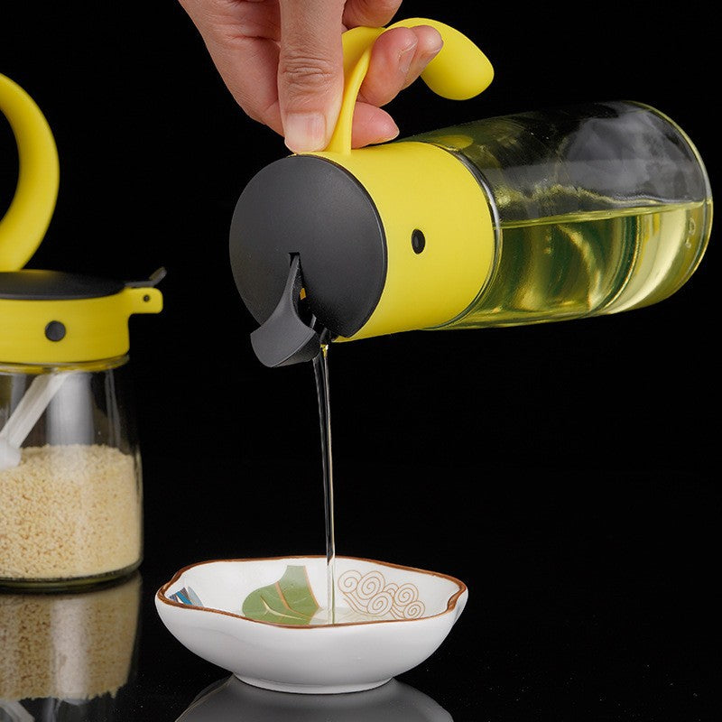 طقم توابل + موزع زيت + موزع خل + 2 بولة زجاجية بغطاء بلاستيك، زجاجة زيت مضادة للتسرب، فتح وإغلاق أوتوماتيكي، زجاجة توابل على شكل بغبغان