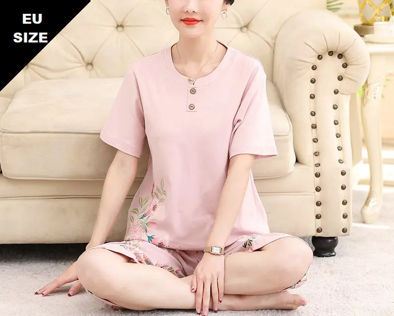 بيجامة نسائية صيفية رقيقة من القطن بنقشة أزهار وردية اللون، شورت وقميص