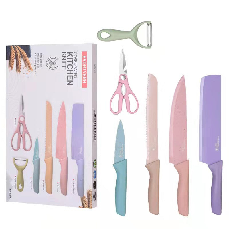 طقم سكاكين مطبخ ملون من الفولاذ المقاوم للصدأ، مكون من 6 قطع
