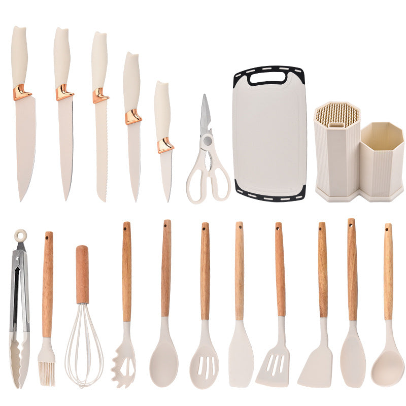 طقم توزيع مطبخ مع رشاقة سكاكين سيليكون من 19 قطعة بمقابض خشبية أمنة ومقاومة للحرارة والصدأ