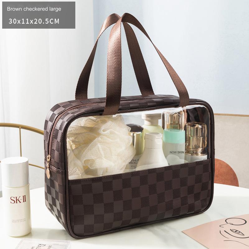 شنطة مكياج شفافة متعددة الإستخدام، مصنوعة من جلد البولي يوريثين المقاوم للماء للسفر، شنط مستحضرات تجميل للنساء مع مقبض وشنطة منظم مكياج بتصميم مربعات (بنى)