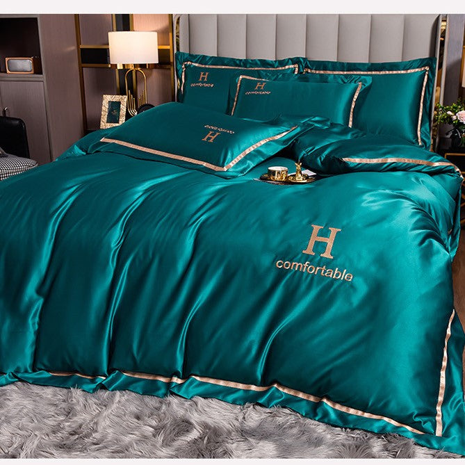 طقم غطاء لحاف 4 قطع صيفي مطرز من الحرير الثلجي 1 غطاء لحاف + 1 ملاءة + 2 غطاء وسادة غطاء لحاف مزدوج مفرد (200 × 230) سم