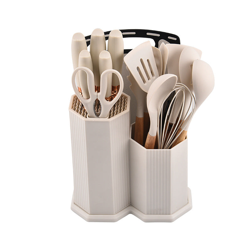 طقم توزيع مطبخ مع رشاقة سكاكين سيليكون من 19 قطعة بمقابض خشبية أمنة ومقاومة للحرارة والصدأ