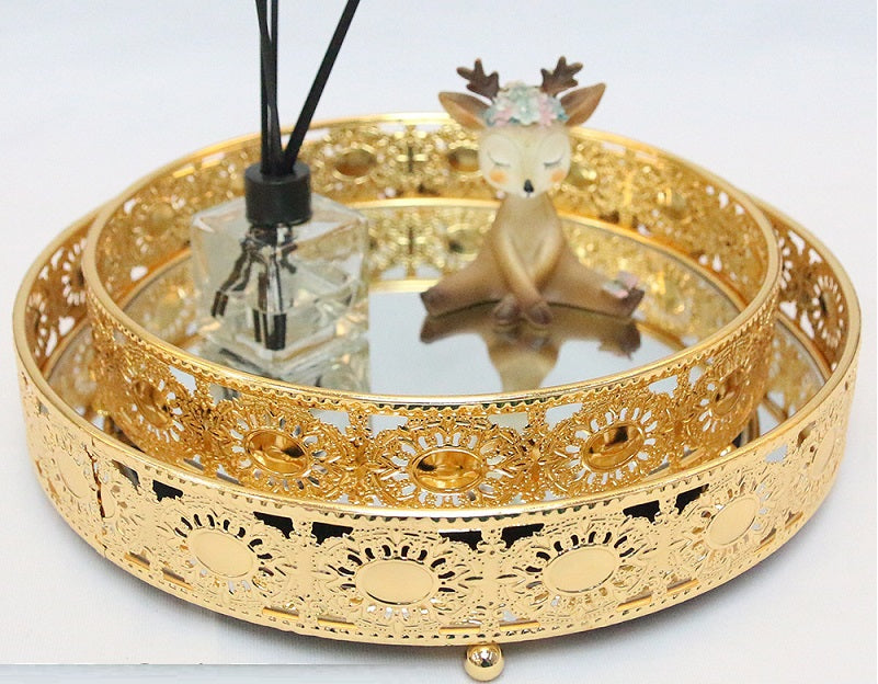 طقم صينية زجاجية معدنية دائرية فاخرة لتخزين الفاكهة بإطار ذهبي