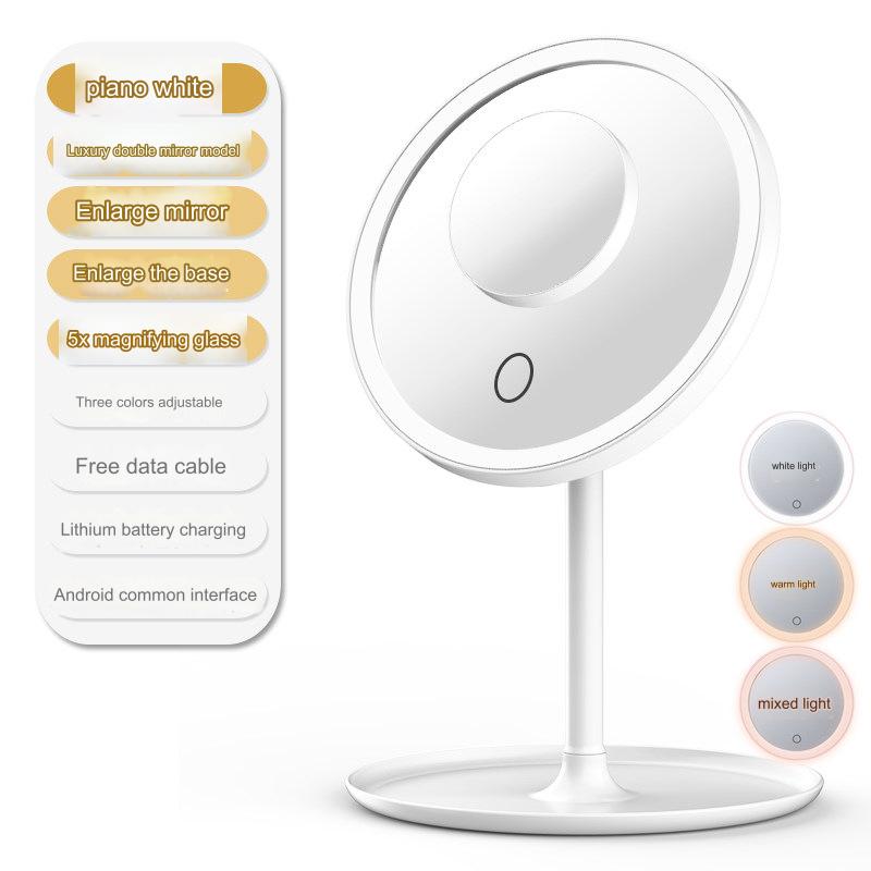 مرآة مكياج LED قابلة للتعديل 90 درجة وشاشة تعمل باللمس ذكية بإضاءة LED ، مرآة مكياج محمولة لسطح الطاولة مع صينية تخزين (متعددة الألوان، تعمل بمنفذ USB)