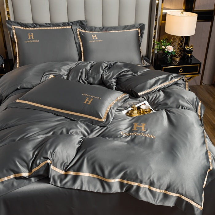 طقم غطاء لحاف 4 قطع صيفي مطرز من الحرير الثلجي 1 غطاء لحاف + 1 ملاءة + 2 غطاء وسادة غطاء لحاف مزدوج مفرد (200 × 230) سم