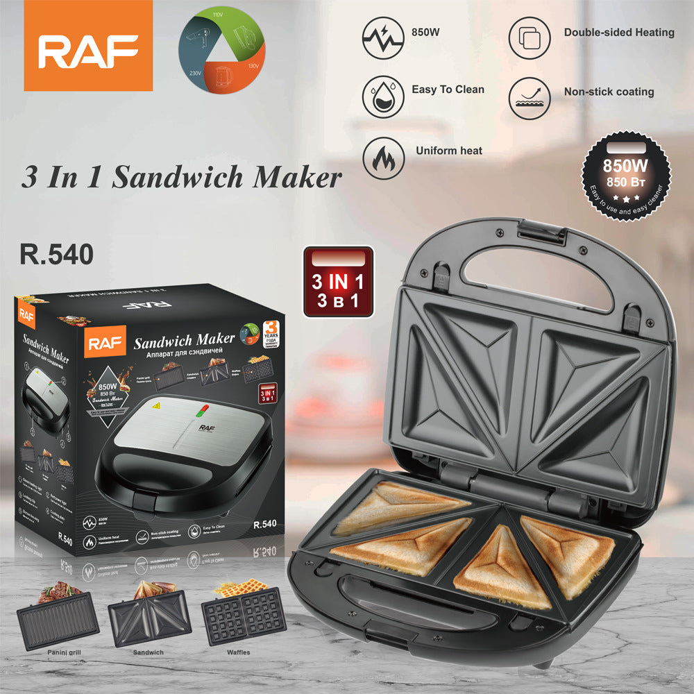 ماكينة صنع الساندويتشات والوافل راف R.540 3 في 1، طلاء غير لاصق، سهلة التنظيف، تسخين سريع، RAF 850 وات، فولاذ/أسود