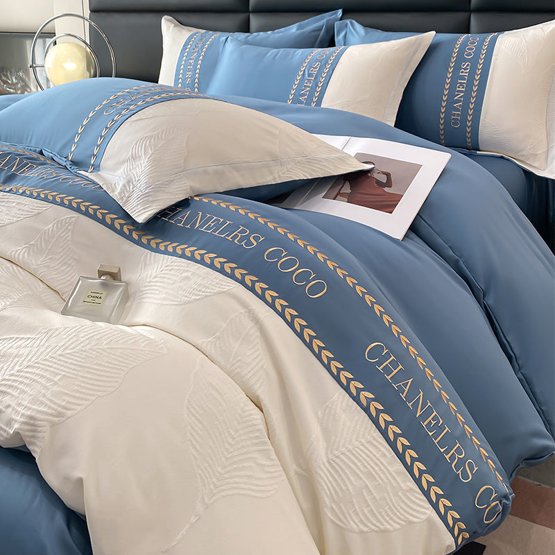 طقم غطاء لحاف من الستان مكون من 4 قطع، طقم أغطية سرير من حرير الجاكار القطني الراقي - 1 غطاء لحاف + 1 ملاءة مثبتة + 2 غطاء وسادة كامل (200 × 230) سم