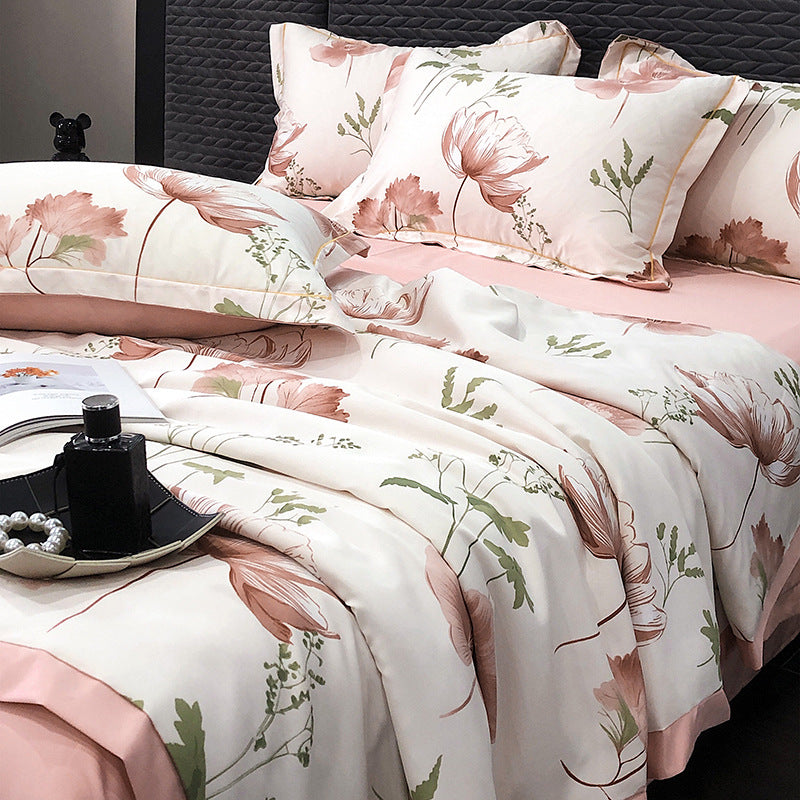 طقم لحاف كينج سايز من 4 قطع 200*230 بنقشة أوراق متدرجة الألوان ، طقم لحاف مبطن خفيف مناسب لجميع المواسم، مع ملاءة مسطحة مع كسوة 2 خدادية