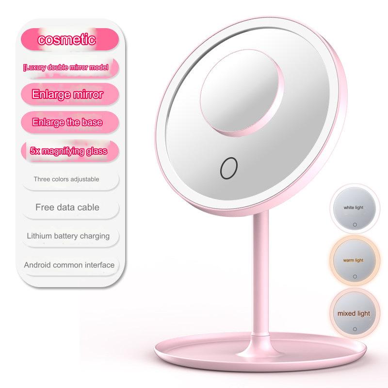 مرآة مكياج LED قابلة للتعديل 90 درجة وشاشة تعمل باللمس ذكية بإضاءة LED ، مرآة مكياج محمولة لسطح الطاولة مع صينية تخزين (متعددة الألوان، تعمل بمنفذ USB)
