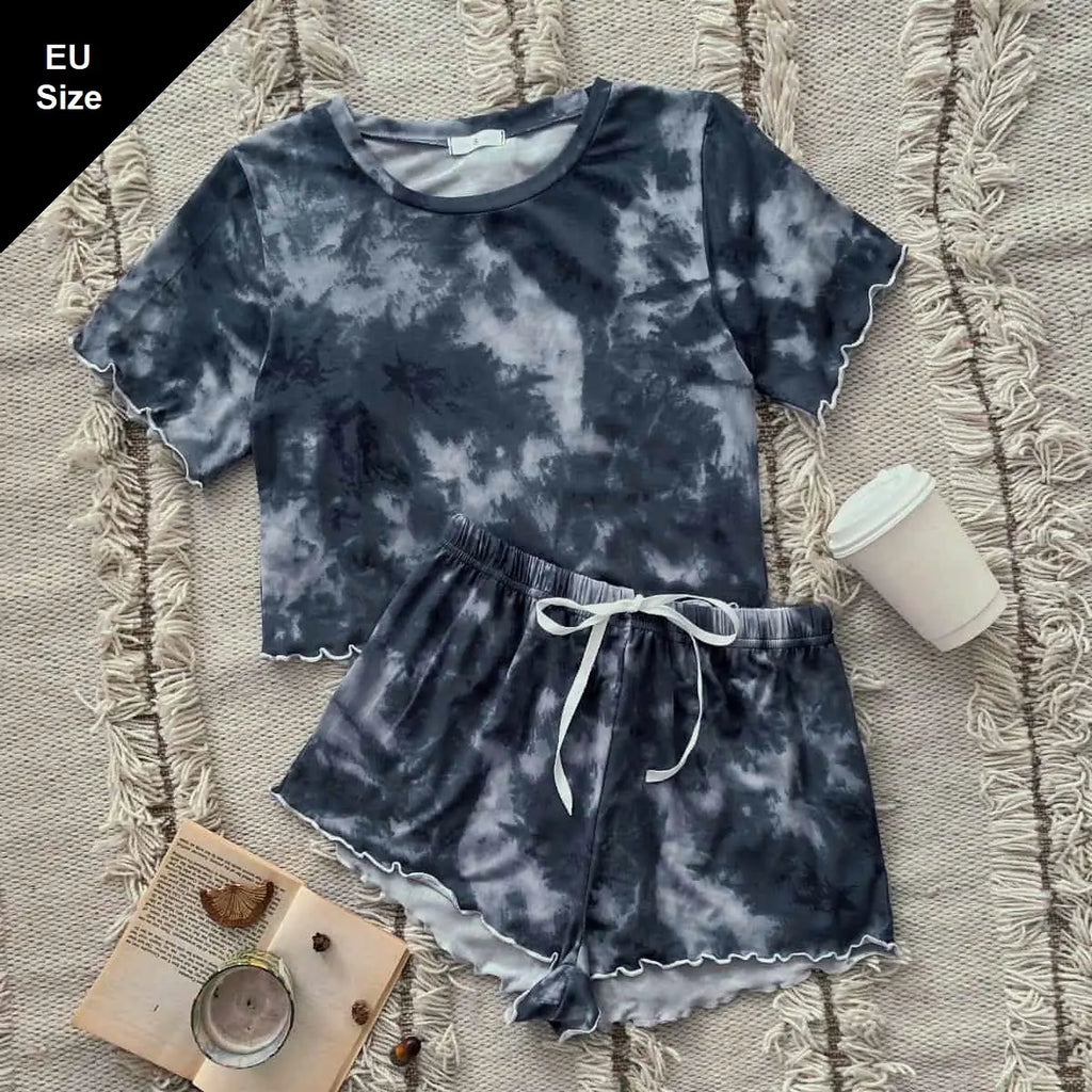 طقم بيجامة نسائية بأكمام قصيرة وصبغة زرقاء