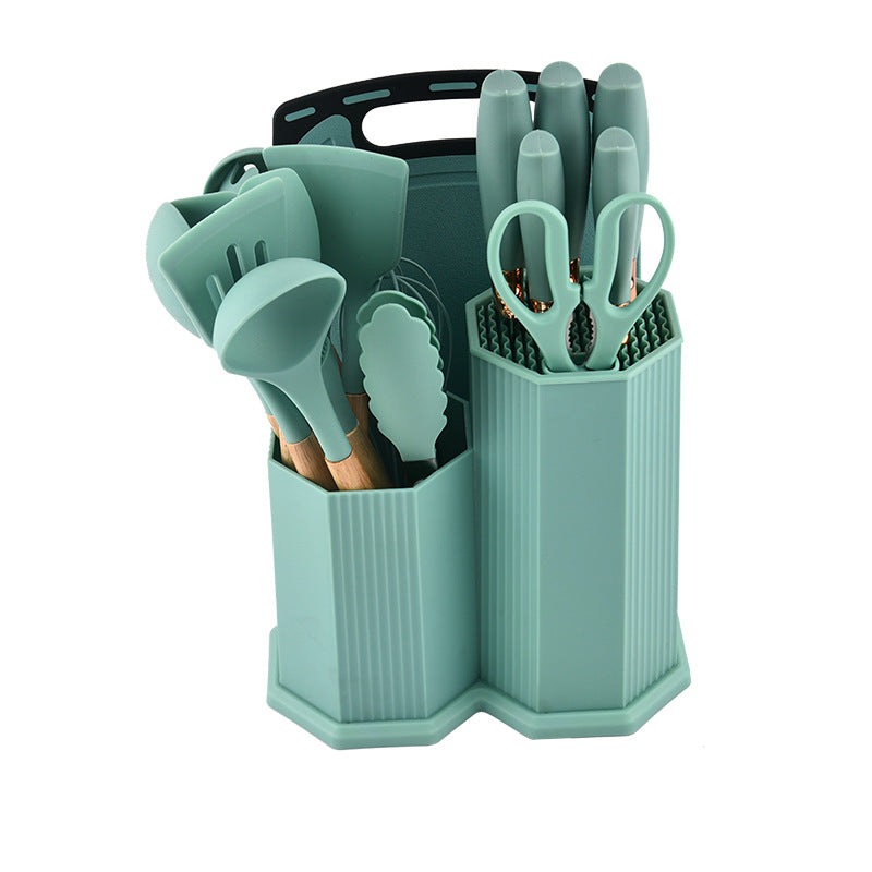 طقم توزيع مطبخ مع رشاقة سكاكين سيليكون من 19 قطعة بمقابض خشبية أمنة ومقاومة للحرارة والصدأ