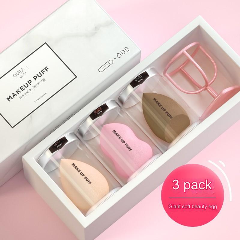 مجموعة بيوتي بلندر  MAKEUP PUFF مجموعة إسفنجات المكياج للإستخدام الجاف والرطب، إسفنجة مزج كريم الاساس والكريم والبودرة مع صندوق حامل، عبوة من 3 قطع