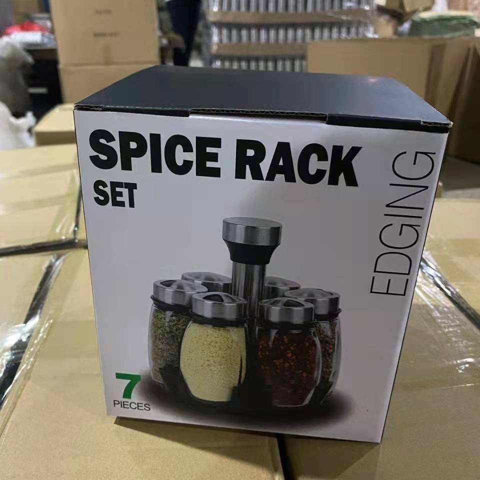 رف منظم للتوابل دوار 360 درجة يوضع على المنضدة مع مجموعة من 7 عبوات زجاجية للاعشاب و الملح و الفلفل والبهار مزود بحامل دوار بزاوية 360 درجة