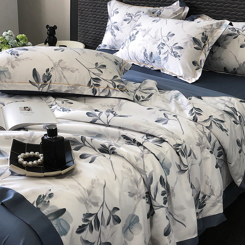 طقم لحاف كينج سايز من 4 قطع 200*230 بنقشة أوراق متدرجة الألوان ، طقم لحاف مبطن خفيف مناسب لجميع المواسم، مع ملاءة مسطحة مع كسوة 2 خدادية