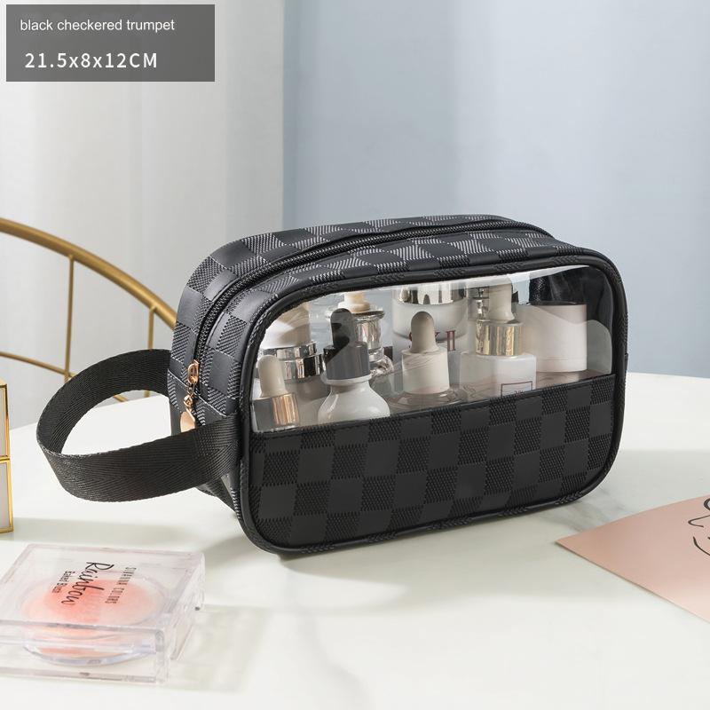 شنطة مكياج شفافة متعددة الإستخدام، مصنوعة من جلد البولي يوريثين المقاوم للماء للسفر، شنط مستحضرات تجميل للنساء مع مقبض وشنطة منظم مكياج بتصميم مربعات (أسود)