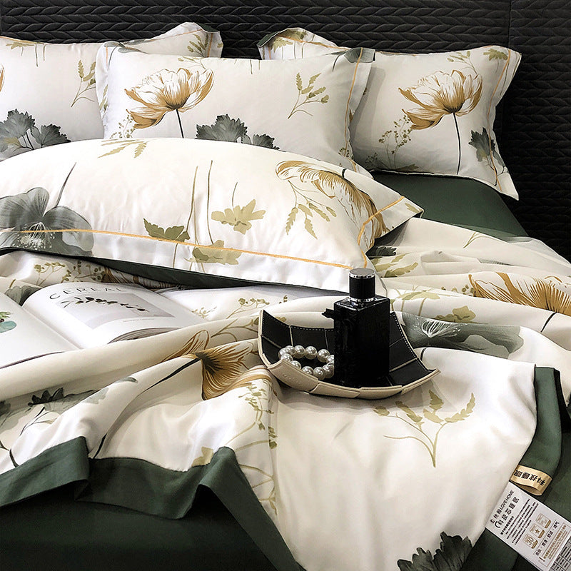 طقم لحاف كينج سايز من 4 قطع 200*230 بنقشة أوراق متدرجة الألوان ، طقم لحاف مبطن خفيف مناسب لجميع المواسم، مع ملاءة مسطحة مع كسوة 2 خدادية