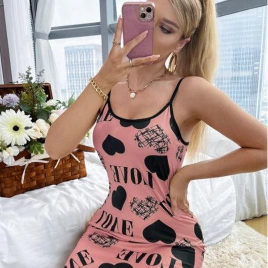 فستان نوم من القطن بطبعة قلب، قميص نوم من القطن اليكرا