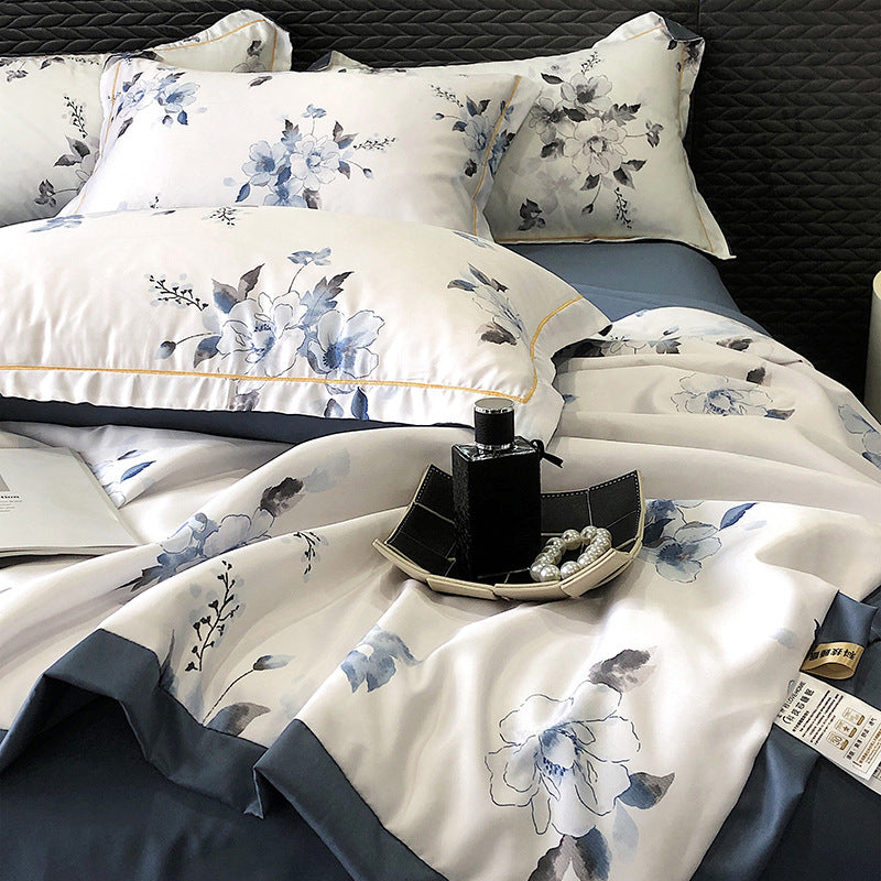 طقم لحاف كينج سايز من 4 قطع 200*230 بنقشة أوراق متدرجة الألوان ، طقم لحاف مبطن خفيف مناسب لجميع المواسم، مع ملاءة مسطحة مع كسوة 2 خدادية