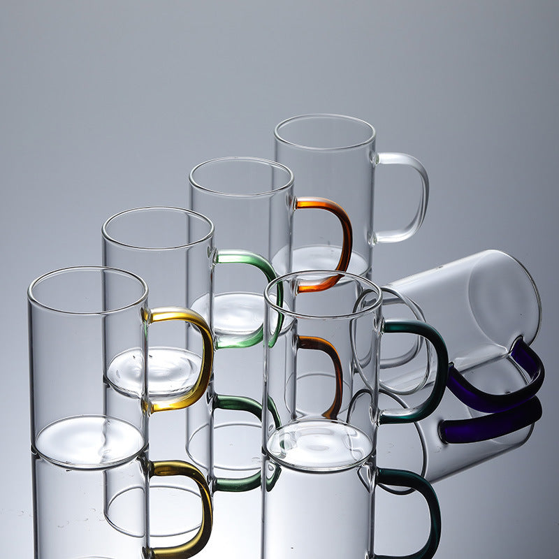 طقم أكواب ماء زجاجي شفاف من البايركس الحراري مقاوم لدرجات الحرارة العالية،الطقم 6 قطع ،كوب شاي وقهوة وكابتشينو -  مقبض اليد متعدد الألوان (300 مل)