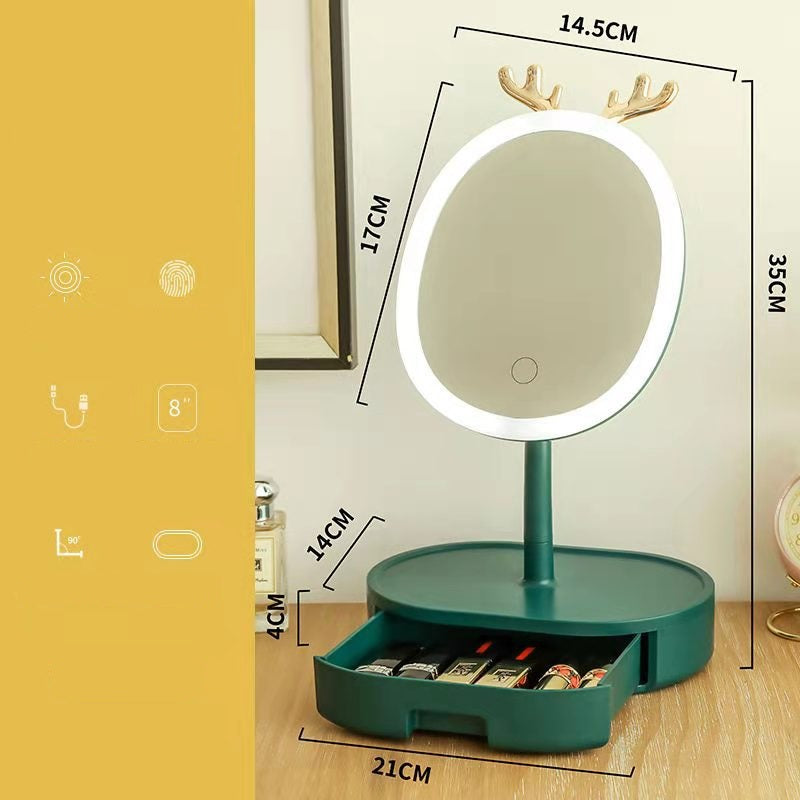 مرآة مكياج محمولة مزينة بقرون غزال بإضاءة LED مع درج