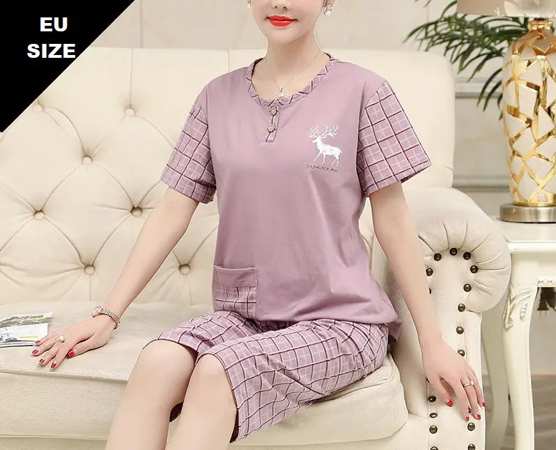 بيجامة نسائية صيفية رقيقة من القطن بنقشة غزال، شورت وقميص