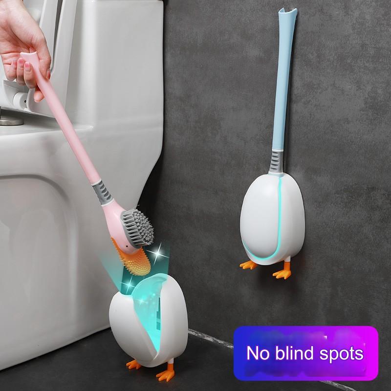 رأس فرشاة مرحاض مرن مع سيليكون وشعيرات صلبة، فرش تنظيف المرحاض للحمام مع حامل على شكل بطة لطيفة، فتحات تهوية وقاعدة تثبيت على الحائط