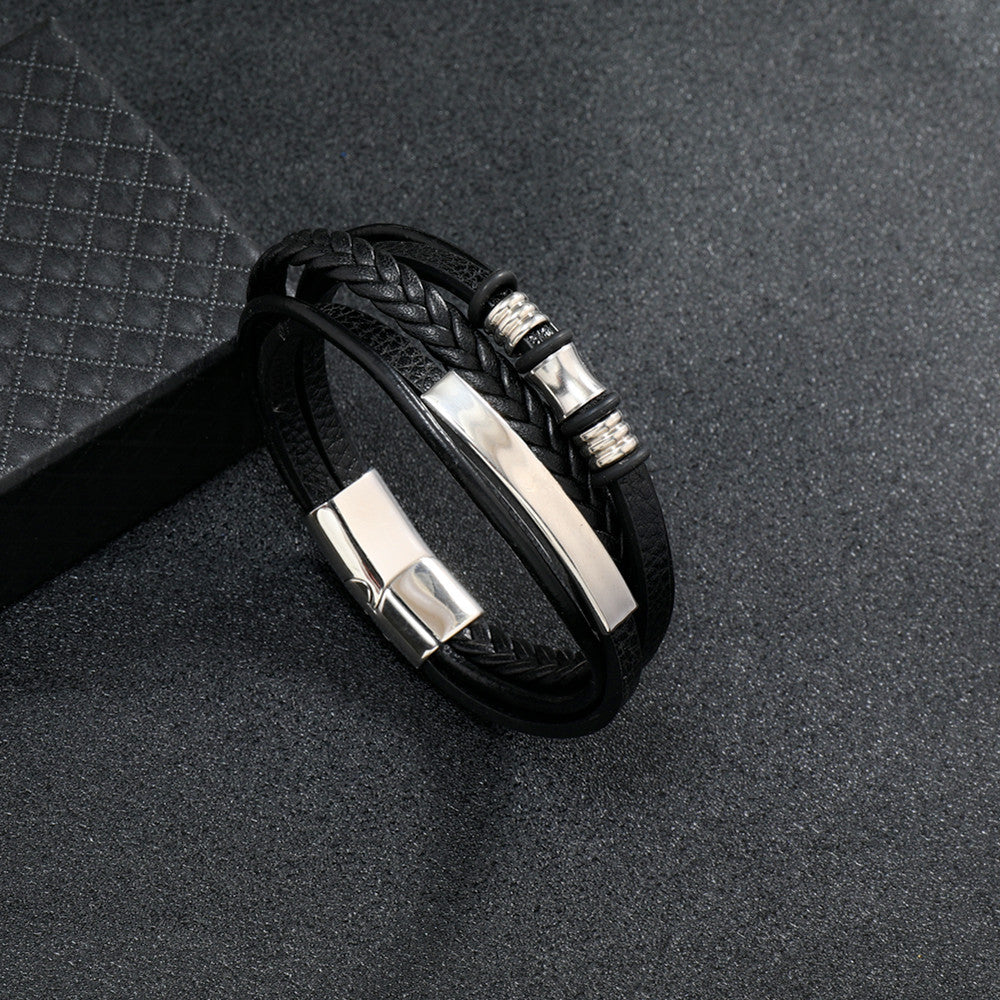 سوار فاخر للرجال من الجلد الأسود الأصلي  متعدد الطبقات ، مشبك مغناطيسي من الفولاذ المقاوم للصدأ