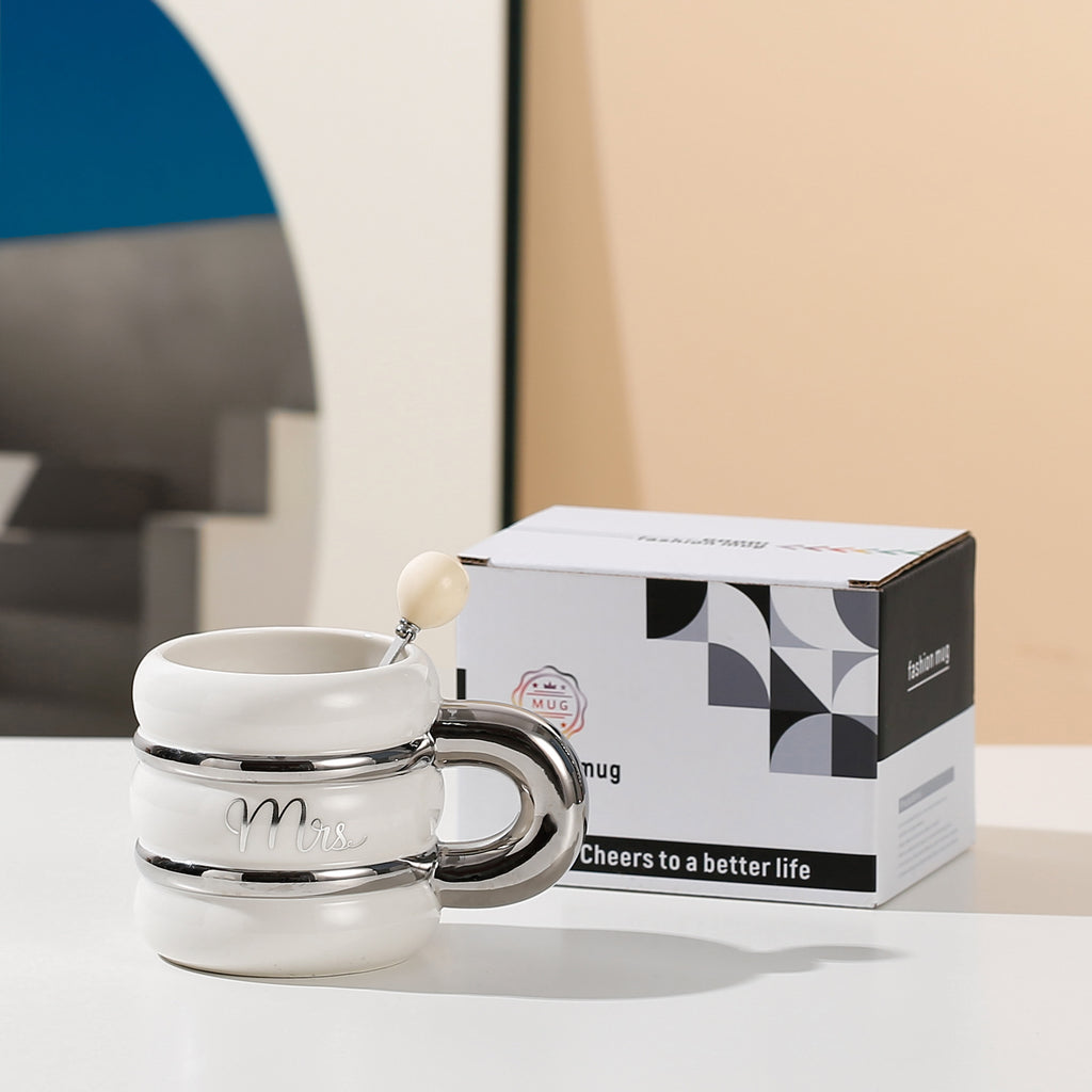 مج من السيراميك على الطراز الأوروبى Mr , Mrs ، مج شاي مطلي بالون الذهبى ، 400 ملى