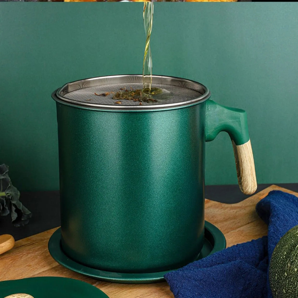 فلتر زيت مع مصفاة ستانلس ستيل مانعة للتسرب، للقلي وتخزين زيت الطبخ 1.4 لتر